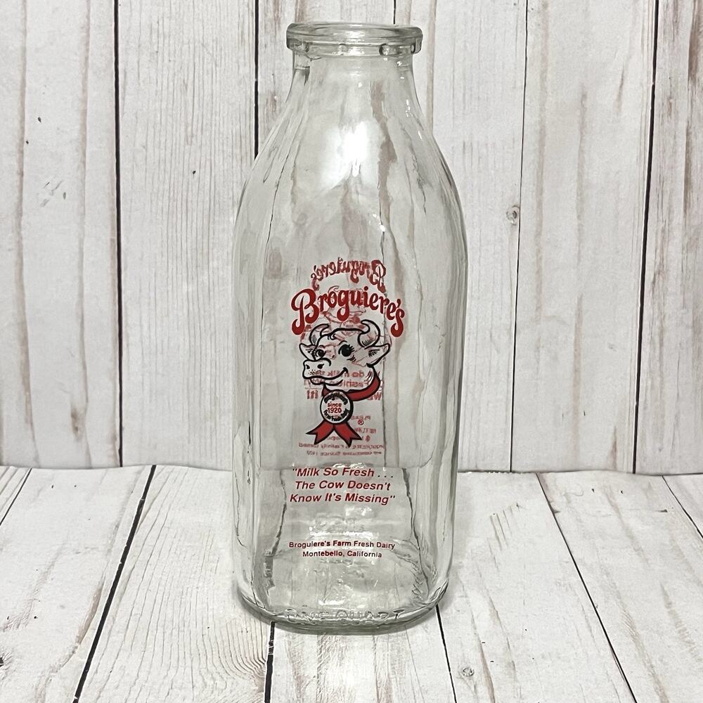 Vintage Broguiere's Milk 1 Quart Glass Bottle Cow California Fresh Farmhouse